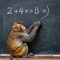 Photograph of a monkey trying to do math on a blackboard, but the monkey is confused. Detailed photo, realistic, 4k