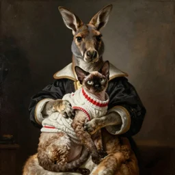 a kangaroo cradling a devon rex cat in a sweater, professional lighting, renaissance oil painting