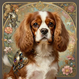 portrait of a caviler king charles spaniel, robot steampunk, floral! horizon zero dawn machine, intricate, elegant, highly detailed, ray tracing, digital painting, artstation, concept art, smooth, sharp focus, illustration, art by artgerm and greg rutkowski and alphonse mucha, 8 k