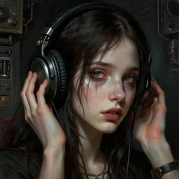 a epic norman rockwell painting close up face portrait of emo girl listening to music with headphones on in a dark liminal space room, gritty tech, deep focus, fantasy, intricate, elegant, highly detailed, digital painting, artstation, concept art, matte, sharp focus, illustration, dark fantasy style art, resident evil, art by artgerm and greg rutkowski and alphonse mucha
