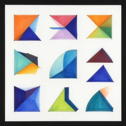 separate geometric shapes of all colors are drawn on a large white sheet of paper. side view