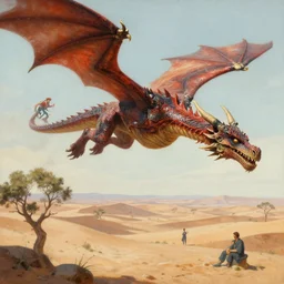 a dragon in flight by plutus su and chris scalf and lucas graciano and billy christian and alex konstad, desert with small trees and shrubs, painting, d & d, fantasy, detailed, realistic, complimentary colors, light, artstation, cinematic, dramatic lighting, close up, wide angle, intricate design