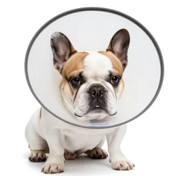 photo of a sad white and brown french bulldog with a cone around his head