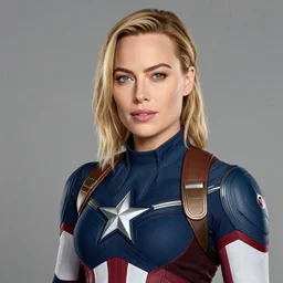 A realistic portrait of margot robbie as captain america, highly detailed