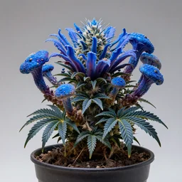 a photograph of a blue fantasy futuristic beautiful dangerous sci fi hybrid tropical desert mutant weird exotic poisonous flora flower fungi cannabis in a pot, hyper realism, octane render, 8 k, hyper detailed, vivid, ultra detailed, highly detailed