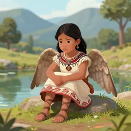 Young girl, wearing Inka clothes, wings for arms, bird legs, sad expression, sitting at a pond, mountainous area, trees in the background, digital art