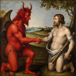 a renaissance painting of a red devil with horns giving a handshake to a man that is selling humanity, ultra detailed, realistic