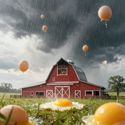 epic professional digital art of and epic rainstorm of  'eggs over easy' raining on a Kansas barn at midday, closeup view of eggs, best on artstation, cgsociety, wlop, Behance, pixiv, astonishing, impressive, outstanding, epic, cinematic, stunning, gorgeous, concept artwork, much detail, much wow, masterpiece.