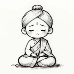 sketch of a chibi stylized sadhu meditating, etching