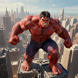 Red Hulk invading a large city, epic composition, large scale, octane render, digital art, sharp focus, trending on artstation, action pose