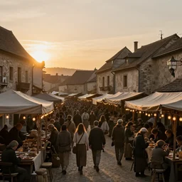 crowded medieval market, sunset, cinematic, Artstation
