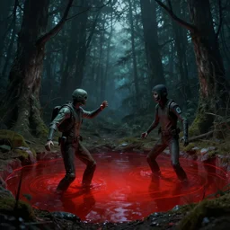 scp foundation fighting off the red pool, in the forest, scp 3 5 4, eerie, cold, craig mullins