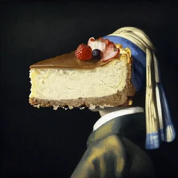 Big slice of cheesecake high in the sky, by Johannes Vermeer,
