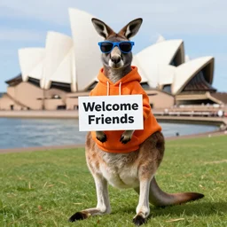 A portrait photo of a kangaroo wearing an orange hoodie and blue sunglasses standing on the grass in front of the Sydney Opera House holding a sign on the chest that says Welcome Friends, subject: kangaroo, subject detail: wearing orange hoodie, wearing blue sunglasses, subject location: sydney opera house, subject action: holding sign