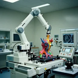 a complex bifurcated surgical arm mri 3 d printer machine making colorful mutant forms with control panels in the laboratory inspection room, film still from the movie directed by denis villeneuve with art direction by salvador dali, wide lens
