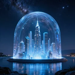 glass dome, cyberpunk city, galaxy, stars, hyperrealistic, award winning, futuristic, photography, light diffusion, lake, blue, glass, extremely wide angle