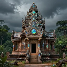 ancient temple made of opal carved in opal, desolate and lush landscape, moody, :: by Jeff Koons, Dan McPharlin Daniel Merrian :: ornate, dynamic, particulate, rich colors, intricate, elegant, highly detailed, centered, artstation, smooth, sharp focus, octane render, 3d