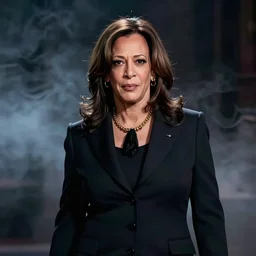 Kamala Harris as Disney character cruella devilla, 8k, professional photography, cinematic shot, dark, smoke