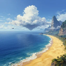 beautiful matte painting of golden shores of a blue dreamy ocean, heavenly island in the clouds floating above the ocean, spaceship flying by, towering mountains emerging from the ocean, sci - fi, daylight, blue sky, cinematic lighting, cinematic perspective, album cover art, syd mead, john harris, federico pelat