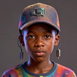 colourful caricature - vfx art - portrait of a nigerian boy wearing a baseball cap with wires and computer chips dangling from inside, art style by james jean & hsiao - ron cheng, character concept art, unreal engine render, digital illustration, sharp, intricate detail, volumetric light, ray tracing, soft light, symmetric, pinterest, artstation, behance,
