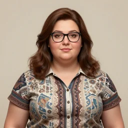 portrait of a heavy stocky petite romanian woman, brown hair, brown eyes, romanian, glasses, wide shot, digital art, shirt detailed, 8 k, trending on artstation