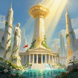 a matte painting futurist of a green water city of Atlantis grec greeble temple olymp glory in sun shaft zeus sky tower statue pantheon ivy plant grow flower in white marble gold incrusted of legends adn red flag dynasty by Frank Lloyd Wright and Zaha Hadid torch volume light stylized illustration  digital airbrush painting, 3d rim light, hyperrealistic masterpiece, artstation, cgsociety, kodakchrome, golden ratio waterfall