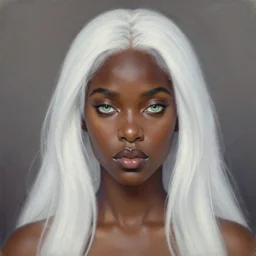 A head-on detailed oil portrait of a dark-skinned woman with pale green eyes and long white hair by greg rutkowski and artgerm, trending on artstation