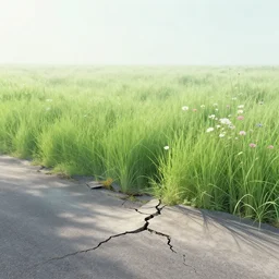 crackhouse along a crumbling road, tall grass, beautiful flowers, unknown origin, ethereal, light and shadows