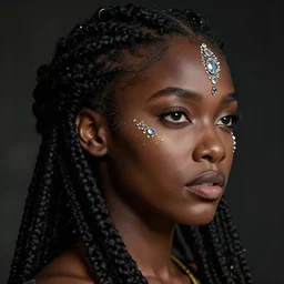 fancy side portrait concept art of a gorgeous dark skinned goddess with decorated braided hair and crystals on her cheeks and forehead, by Greg Rutkowski, beeple, Sung Choi, Mitchell Mohrhauser, Maciej Kuciara, Johnson Ting, Maxim Verehin, Peter Konig, identical eyes, gazing eyes, stunning, gorgeous, beautiful eyes medium shot, fantasy, featured on artstation, cinematic lighting, hyperdetailed, cgsociety, 8k, golden ratio, dark atmosphere, dramatic, alluring