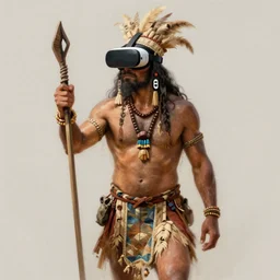 Realistic Neolithic era shaman wearing Virtual Reality HTC vive, artstation, full body character concept art, digital painting by Dave Rapoza and Frank Frazetta, artstation