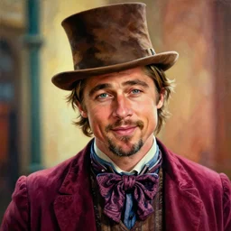portrait of brad pitt as Willy Wonka, very detailed, hyperrealistic, high quality, painting by Glenn Fabry, by Joao Ruas