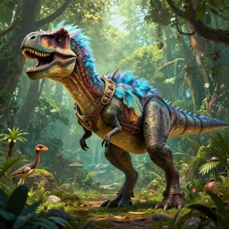 dinosaur jurassic park world ark evolution land before time forest creature epic digital fantasy style beeple, by thomas kinkade hearstone league of legends dofus overwatch a wild amazing steampunk baroque ancient alien creature, intricate detail, colorful global illumination rtx bioluminescent wooly feather raptor trex