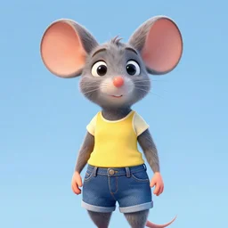 3 d render, portrait, upper body shot, mid shot, anthropomorphic mouse, female, wearing denim short shorts and a off yellow tank top shirt, solo, in the style of zootopia