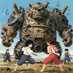 memorable animation key shot, samurai charge at on colossal house golem covered in fishing wire, hooks and barnacles, mud, sludge, by mandy jurgens, by satoshi kon, ilya repin, shinji kimura, william turner, pastel color palette