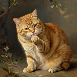 fat butterscotch tabby cat licking paw, painting by Norman Rockwell