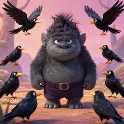 a troll surrounded by ravens in the style of pixar