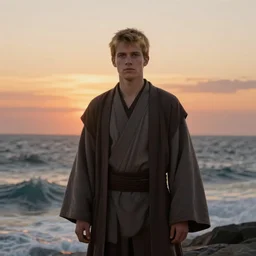 a young male jedi with short dark blonde hair standing still looking at the sunset concept art by Doug Chiang cinematic, realistic painting, high definition, concept art, portait image, path tracing, serene landscape, high quality, highly detailed, 8K, soft colors, warm colors, turbulent sea, high coherence, anatomically correct, hyperrealistic, concept art, defined face, five fingers, symmetrical