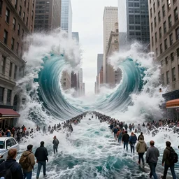hyperrealistic wall of water tidal wave surging towards the pov, crowded city street, nyc, siconolfini inward inception 3 d city infinite artwork huge waves viciously splashing and crashing on the buildings and people by gurney and siconolfini 3 d photography photorealistic