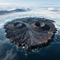 An island that is half volcanic landscape covered with lava and half cold glacial landscape, 8k, cinematic, octane render, intricate