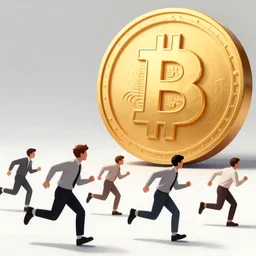 people running away scared from a giant with bitcoin head, comic art, 8k
