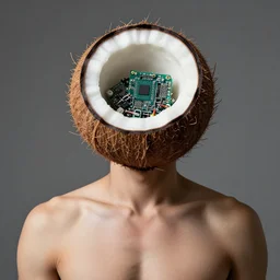 man with split coconut as head, in the coconut are electronic parts, portrait, studio lightning, 8k