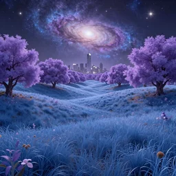 blue grass hilly landscape with purple iridescent trees surrounding it, with a city skyline and galaxy with luminescent stars illuminating the land, realistic 4k octane beautifully detailed render, 4k post-processing, highly detailed, intricate complexity, epic composition, magical atmosphere, cinematic lighting, masterpiece, ultra hd