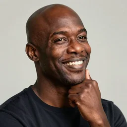 a bald black man smiling while having a hand on the chin - c 1 0