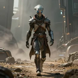 a strong alien with glowing smokey eyes wearing plate armor and a flowing cloth shirt walking, an alien base on a vast landscape, dramatic lighting, light fog, 8 k cg render, highly detailed, trending on artstation