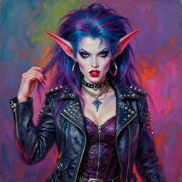 portrait of an apocalyptic demonic female goblin witch curvy biker babe character, cool pose, psychedelic vibrant colors, futuristic punk rock fashion, oil painting by michael whelan art, sharp focus, realistic, detailed eyes, perfect face, 8 0 s hair, studded leather jacket, 8 k, artgerm