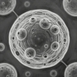 a black and white close - up painting of a single!! eukaryotic cell showing the nucleus and mitochondria