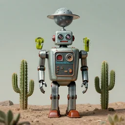 a 1950s retro Cactus robot, with space above the head. Bionic cacti Arms and eyes. subject in frame, pop surrealism, muted colours. by Jean-Baptiste Monge, wide shot