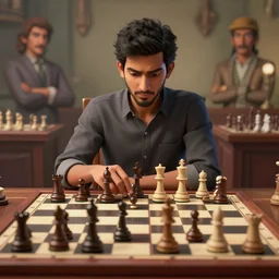 Chess Player Vidit Gujrathi in front of a chess board, 3d scene, render, ultra realistic, zenith view, Frank Frazetta, Richard Corben, Moebius, Greg Rutkowski, artstation, cgsociety, level design, unreal engine, 3d scene, render, ultra realistic