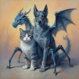 painting of hybrid between cat & dog!!! & dragon, intercrossed animal, cat has eight legs, by zdzislaw beksinski, by lewis jones, by mattias adolfsson, cold hue's, warm tone gradient background, concept art, beautiful composition, digital painting
