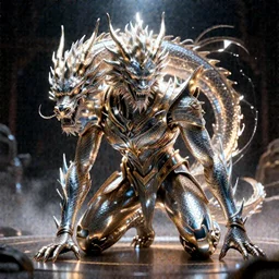 metallic dragon god, worship him. ra prostrated, glistening aura. futuristic chinese